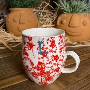 Anthropologie L Cream and Orange Floral Mug with Birds and Crazing